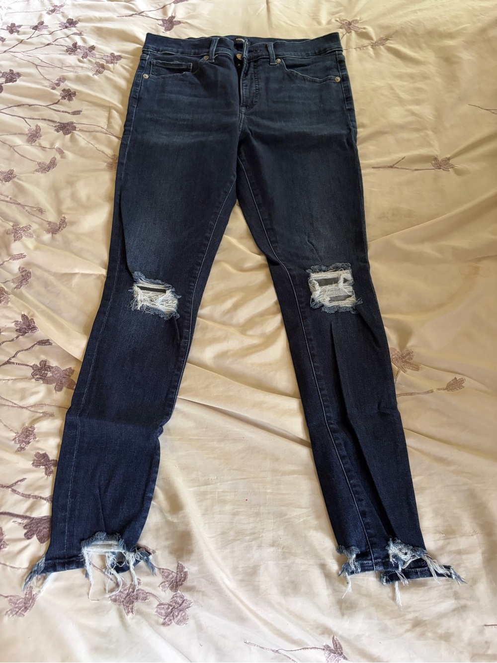 Express Women's Dark Wash Ripped Skinny Jeans
